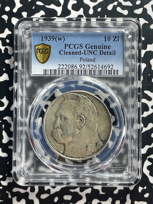 1939-(w) Poland 10 Zlotych PCGS Cleaned-UNC Detail Lot#G695 Silver!