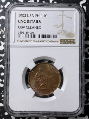 1903 U.S. Philippines 1 Centavo NGC Obverse Cleaned-UNC Details Lot#G8040