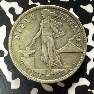 1920 U.S. Philippines 50 Centavos Lot#T5206 Silver!