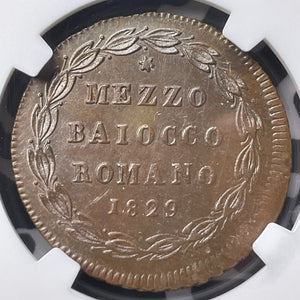 1829-R Papal States 1/2 Baiocco NGC MS62BN Lot#G9022 Nice UNC!