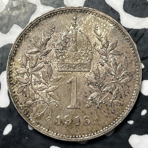 1916 Austria 1 Corona Lot#E6528 Silver! High Grade! Beautiful!