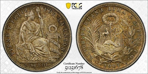 1907-FG Peru 1/5 Sol PCGS MS63 Lot#G9334 Silver! Choice UNC!