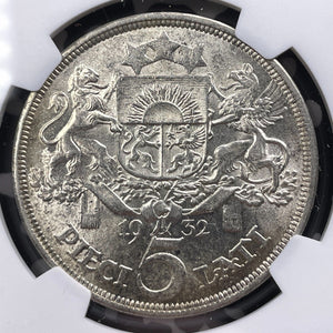 1932 Latvia 5 Lati NGC AU58 Lot#G9133 Large Silver!