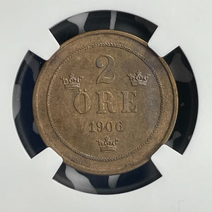 1906/5 Sweden 2 Ore NGC AU58BN Lot#G838 Scarce! Overdate Variety