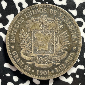 1901 Venezuela 5 Bolivares Lot#C0019 Large Silver Coin!