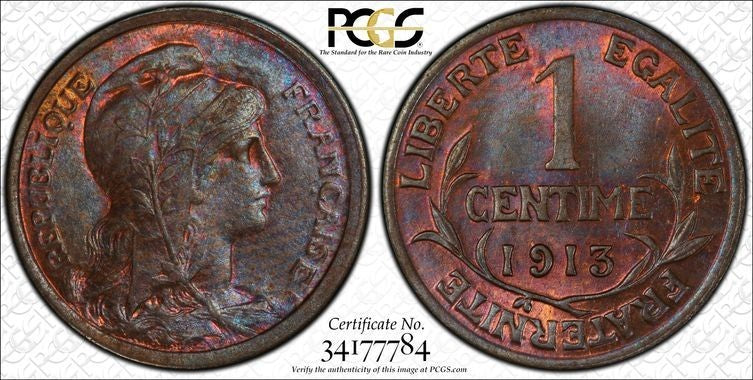 1913 France 1 Centime PCGS MS63BN Lot#G2138 Choice UNC! Gad-90