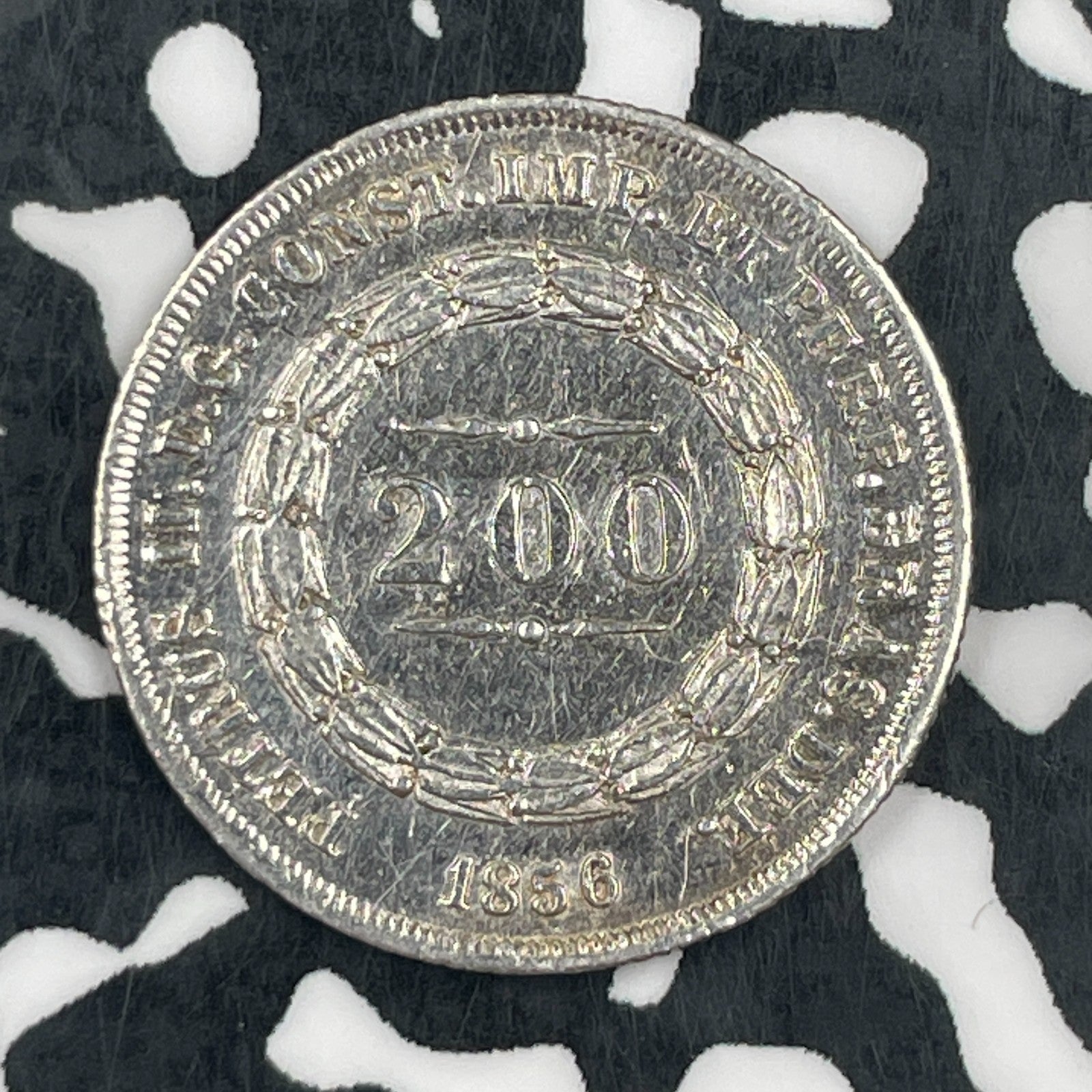 1856 Brazil 200 Reis Lot#F7744 Silver! Nice Detail, Old Cleaning
