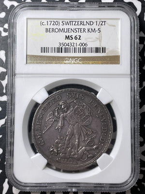 (c.1720) Switzerland Beromuenster 1/2 Thaler NGC MS62 Lot#G8670 Silver! KM#5