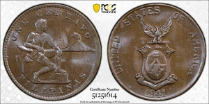 1941-M U.S. Philippines 1 Centavo PCGS MS64BN Lot#G9202 Beautiful Toning!