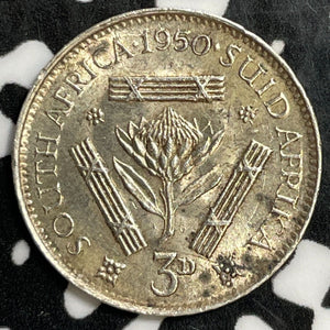 1950 South Africa 3 Pence Threepence Lot#E3934 Silver! High Grade! Beautiful!