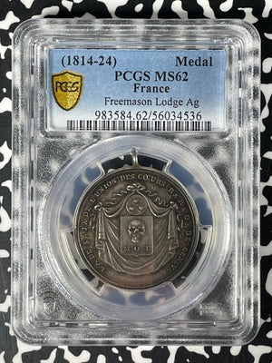 (1814-24) France Freemasons Lodge Medal PCGS MS62 Lot#GV294 Silver! Nice UNC!
