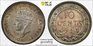 1941-C Newfoundland 10 Cents PCGS MS62 Lot#G9843 Silver! Beautiful Toning!