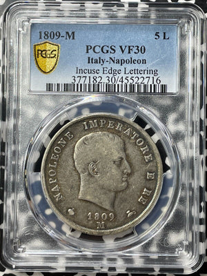 1809-M Italy Kingdom Of Napoleon 5 Lire PCGS VF30 Lot#G8759 Silver!