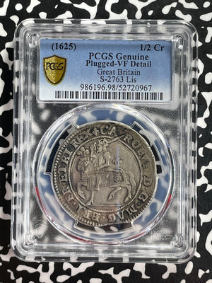 (1625) G.B. Charles I 1/2 Crown PCGS Plugged-VF Detail Lot#G941 Silver! Scarce!