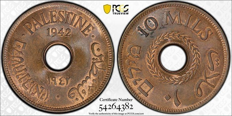 1942 Palestine 10 Mils PCGS MS63RB Lot#G1771 Choice UNC! KM#4a