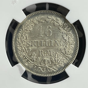 1857-FK VS Denmark 16 Skilling Rigsmont NGC MS64 Lot#G932 Silver! Choice UNC!