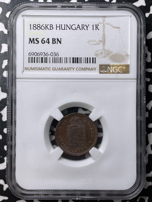 1886-KB Hungary 1 Kreuzer NGC MS64BN Lot#G8693 Choice UNC!