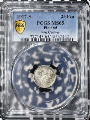 1917-S Finland 25 Pennia PCGS MS65 Lot#G9415 Silver! Gem BU!