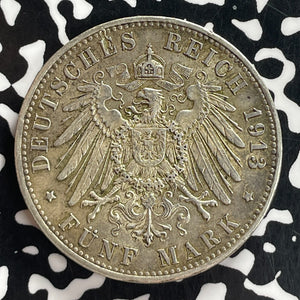 1913-D Germany Bavaria 5 Mark Lot#T7742 Large Silver! Nice!
