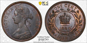 1880 Newfoundland Large Cent PCGS AU58 Lot#G9268 Round '0' Even Date