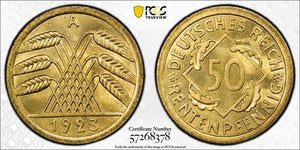 1923-A Germany 50 Pfennig PCGS MS66 Lot#G776 Gem BU! Top Graded! J-310