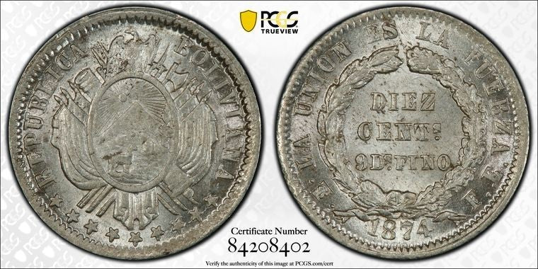 1874-FE Bolivia 10 Centavos PCGS MS64+ Lot#G2093 Silver! Choice UNC!