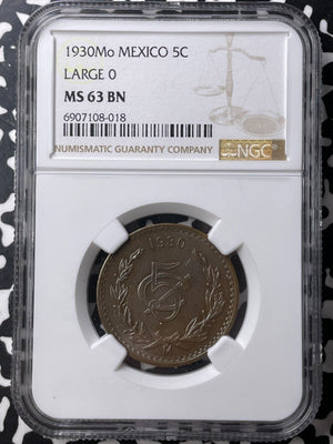 1930-Mo Mexico 5 Centavos NGC MS63BN Lot#G9048 Choice UNC! Large '0'