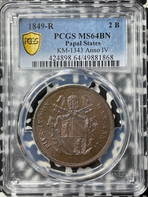 1849-R Papal States 2 Baiocchi PCGS MS64BN Lot#G8244 Top Graded! KM#1343