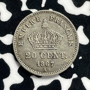 1867-A France 20 Centimes Lot#T9526 Silver!
