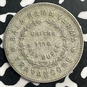 ME 1116 (1940) India Travancore 1/2 Rupee Half Rupee Lot#T0080 Silver!