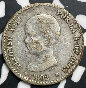 1892 Spain 50 Centimos Lot#T9855 Silver!