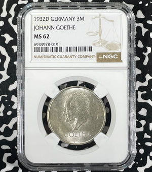 1932-D Germany Goethe 3 Mark NGC MS62 Lot#G9924 Silver! Nice UNC!