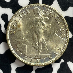 1944-D U.S. Philippines 20 Centavos Lot#C0824 Silver! High Grade! Beautiful!