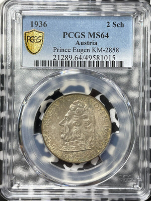 1936 Austria Eugene 2 Schilling PCGS MS64 Lot#G8139 Silver! Beautiful Toning!