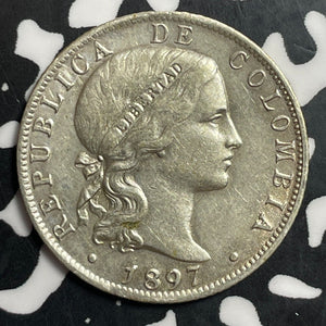 1897 Colombia Bogota 20 Centavos Lot#T1530 Silver! Nice Detail, Old Cleaning