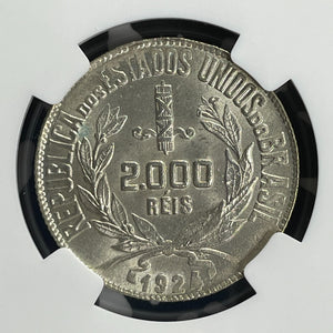 1924 Brazil 2000 Reis NGC MS64 Lot#G735 Silver! Choice UNC!
