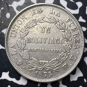 1875-PTS FE Bolivia 1 Boliviano Lot#JM8283 Large Silver! Nice!