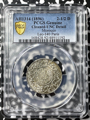 AH 1314 (1896) Morocco 2 1/2 Dirhams PCGS Cleaned-UNC Detail Lot#G7273 Silver!