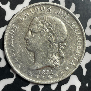 1882 Colombia Medellin 5 Decimos Lot#T1531 Silver! Nice Detail, Cleaned