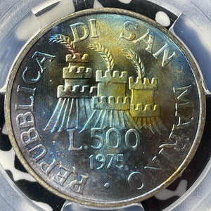 1975 San Marino 500 Lire PCGS MS67 Lot#G9280 Silver! Gem BU! Beautiful Toning!