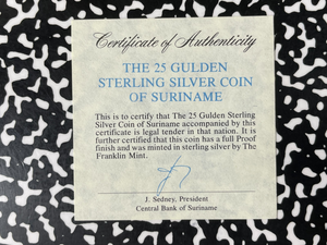 1981 Suriname 25 Guldens Lot#B2758 Silver! Proof! With Case & C.O.A.