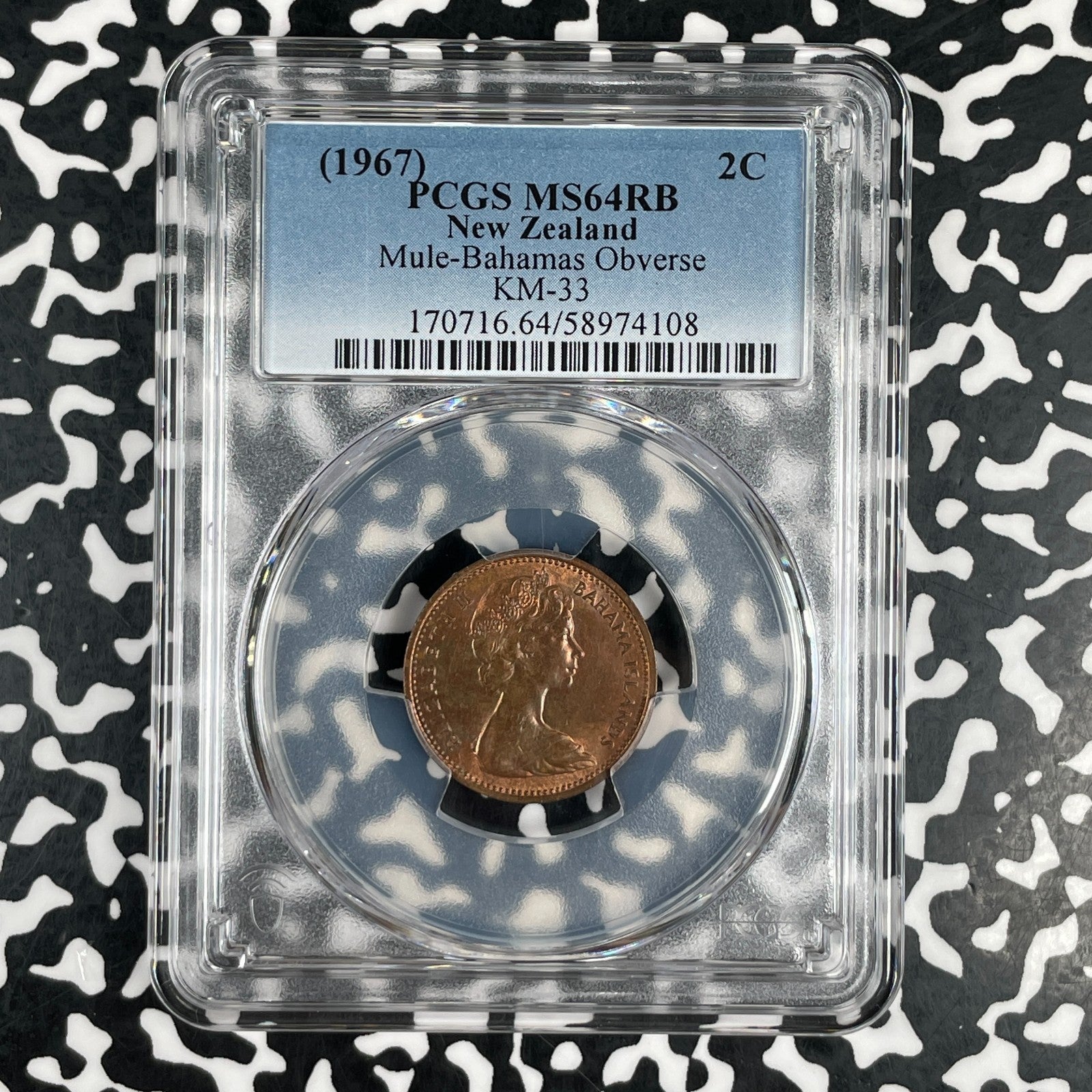 (1967) New Zealand 2 Cents PCGS MS64RB Lot#G3775 KM#33 Mule-Bahamas Obverse