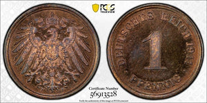 1911-F Germany 1 Pfennig PCGS PR64RB Lot#G1085 Proof! Choice UNC! Scarce!