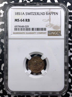 1851-A Switzerland 1 Rappen NGC MS64RB Lot#G9103 Choice UNC!