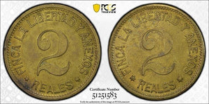 (c.1886) Guatemala 2 Reales Token PCGS MS62 Lot#G9173 Solo Top Graded! Brass