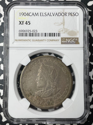 1904-CAM El Salvador Columbus 1 Peso NGC XF45 Lot#G8882 Large Silver!