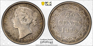 1873 Newfoundland 20 Cents PCGS AU50 Lot#G970 Silver! Key Date!