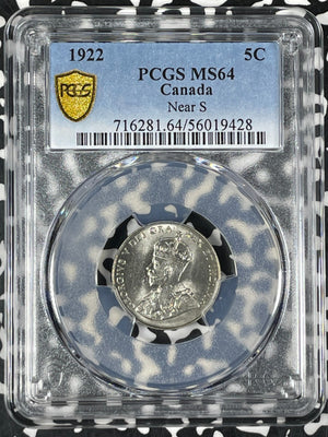1922 Canada 5 Cents PCGS MS64 Lot#G042 Choice UNC! Near 'S' Variety