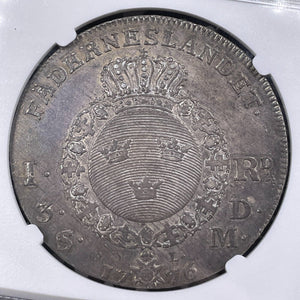 1776-OL Sweden 1 Riksdaler NGC AU50 Lot#G9364 Silver! DAV-1735 Small Cross