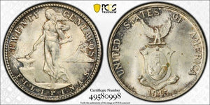 1945-D U.S. Philippines 20 Centavos PCGS MS65 Lot#G8124 Silver! Gem BU!